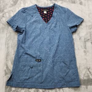 Koi Basics Top Womens XS Heathered Blue Becca V-Neck Cell Phone Pocket Scrubs